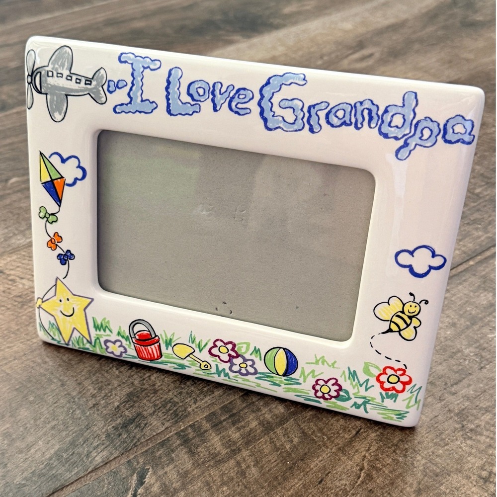 Russ Vintage Crayon I Love Grandpa Velvet Back Glossy Ceramic Picture Frame,4x6